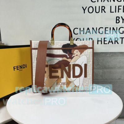 Replica Fend1 Sunshine Women Brown Gray FF Fabric Tote Bag 